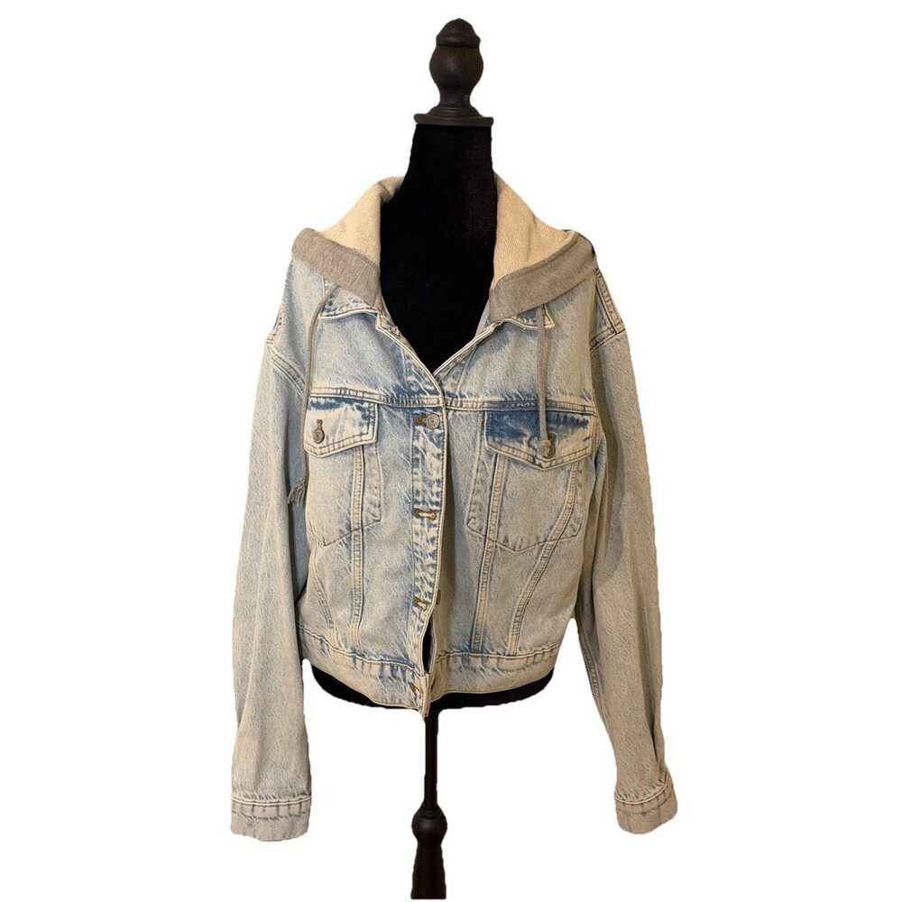 We The Free Womens Flawless Hooded Denim Jacket Sz L Oversized Distressed